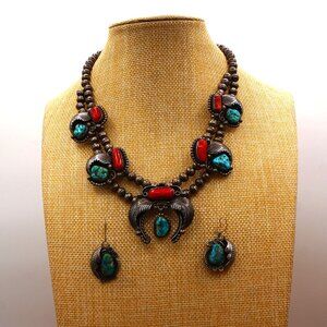 70s Vintage Native Navajo Turquoise Coral 925 Silver Squash Blossom Necklace Set